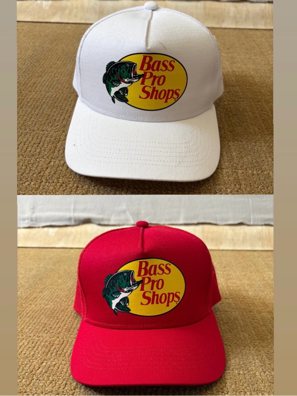 Two Bass Pro Shops Logo Trucker Hats White and Red
